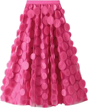 Cute 3D Polka Dots Midi Skirt for Women Elastic Waist Flowy Tulle A-Line Skirts Wedding Halloween Party Mesh Skirt
