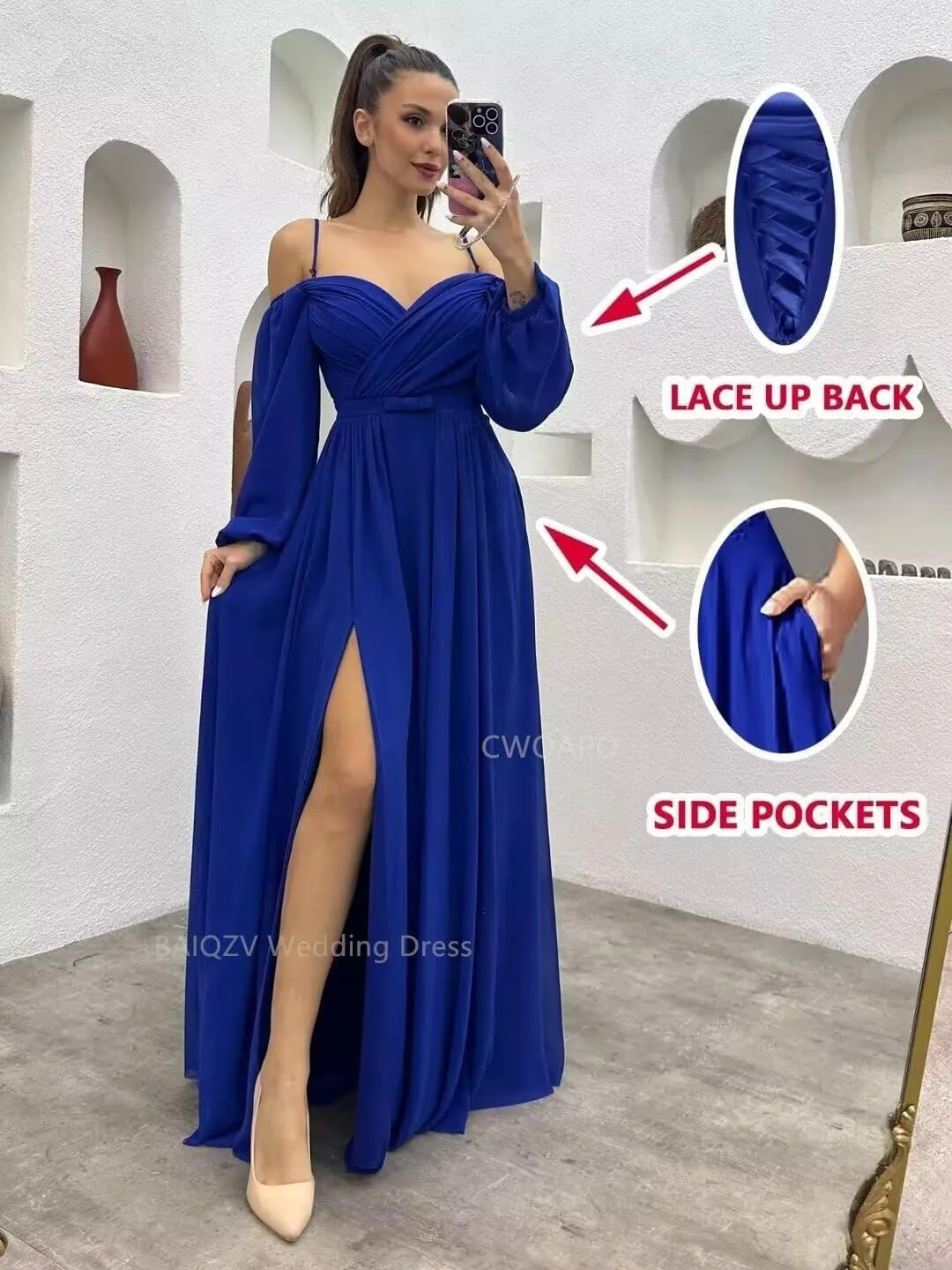 CWOAPO Long Sleeves Bridesmaid Dresses with Slit Off Shoulder Ruched Chiffon Formal Evening Party Dress for Wedding