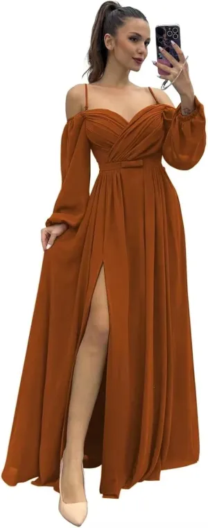 CWOAPO Long Sleeves Bridesmaid Dresses with Slit Off Shoulder Ruched Chiffon Formal Evening Party Dress for Wedding