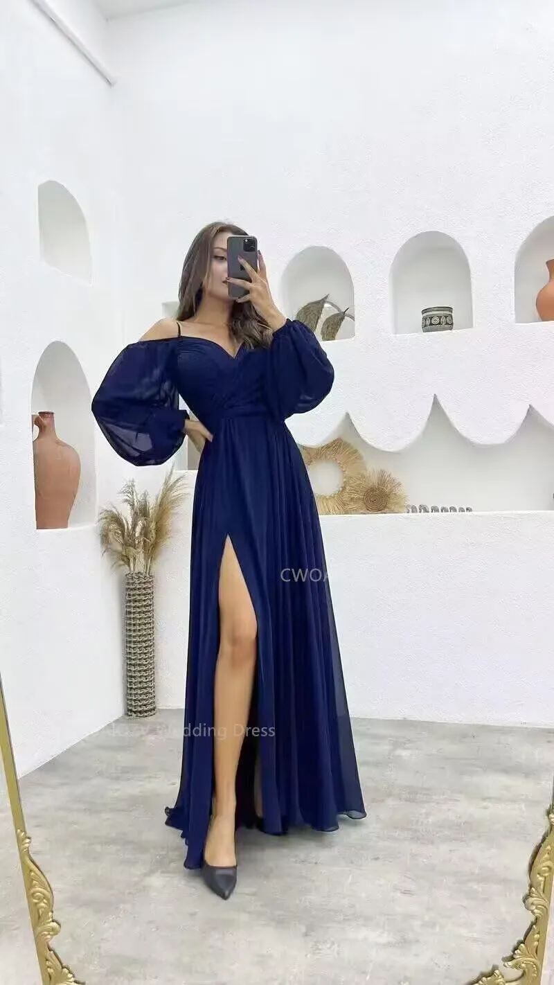CWOAPO Long Sleeves Bridesmaid Dresses with Slit Off Shoulder Ruched Chiffon Formal Evening Party Dress for Wedding
