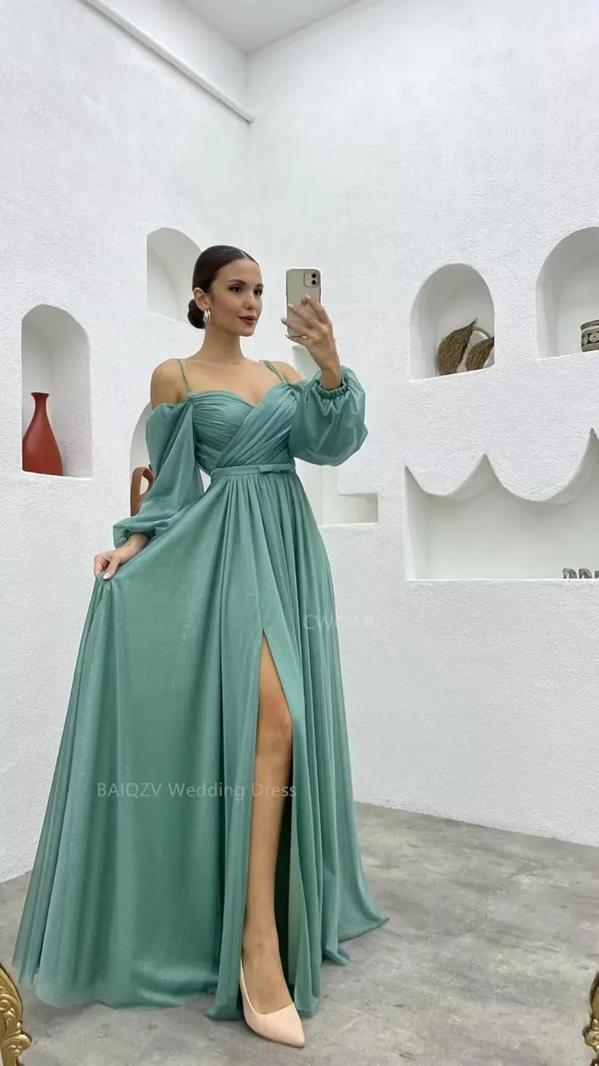 CWOAPO Long Sleeves Bridesmaid Dresses with Slit Off Shoulder Ruched Chiffon Formal Evening Party Dress for Wedding