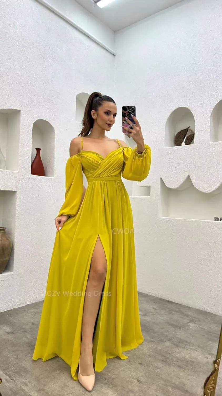 CWOAPO Long Sleeves Bridesmaid Dresses with Slit Off Shoulder Ruched Chiffon Formal Evening Party Dress for Wedding