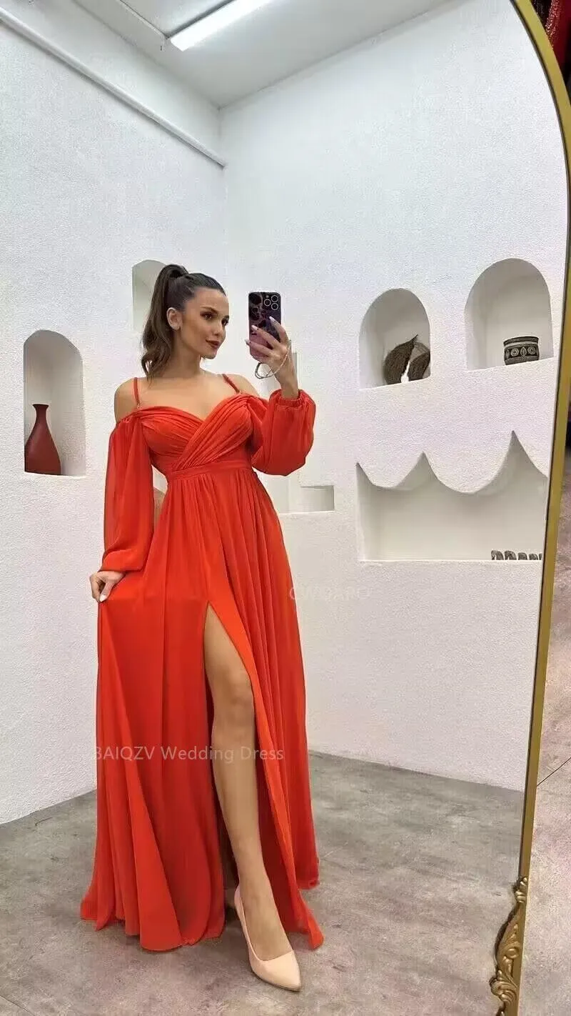 CWOAPO Long Sleeves Bridesmaid Dresses with Slit Off Shoulder Ruched Chiffon Formal Evening Party Dress for Wedding