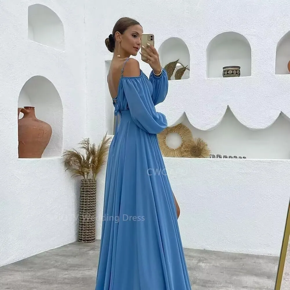 CWOAPO Long Sleeves Bridesmaid Dresses with Slit Off Shoulder Ruched Chiffon Formal Evening Party Dress for Wedding