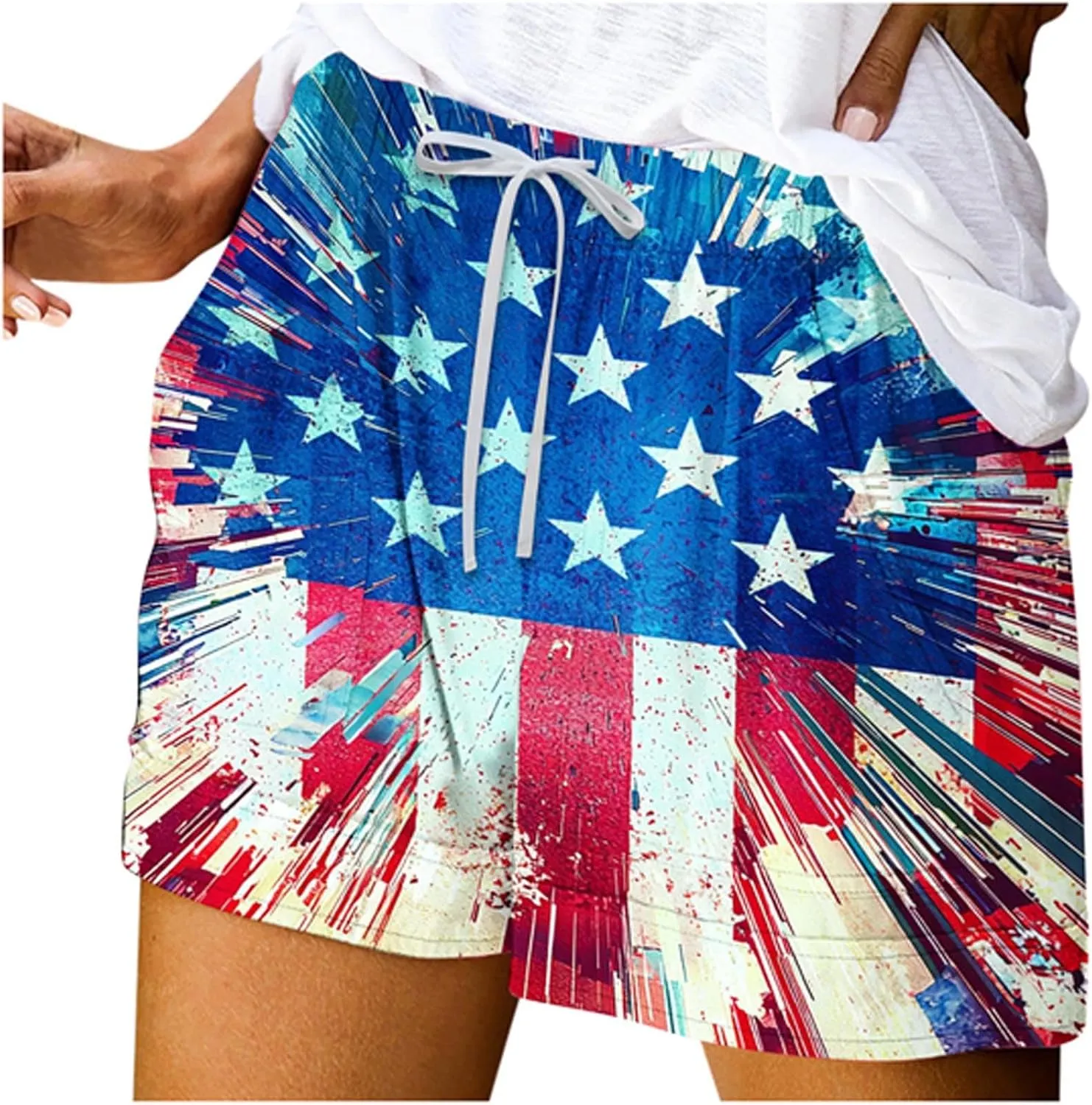 DDAPJ pyju American Flag Shorts for Women 2025 Summer Casual Drawstring High Waist Shorts Star Striped 4th of July Outfits