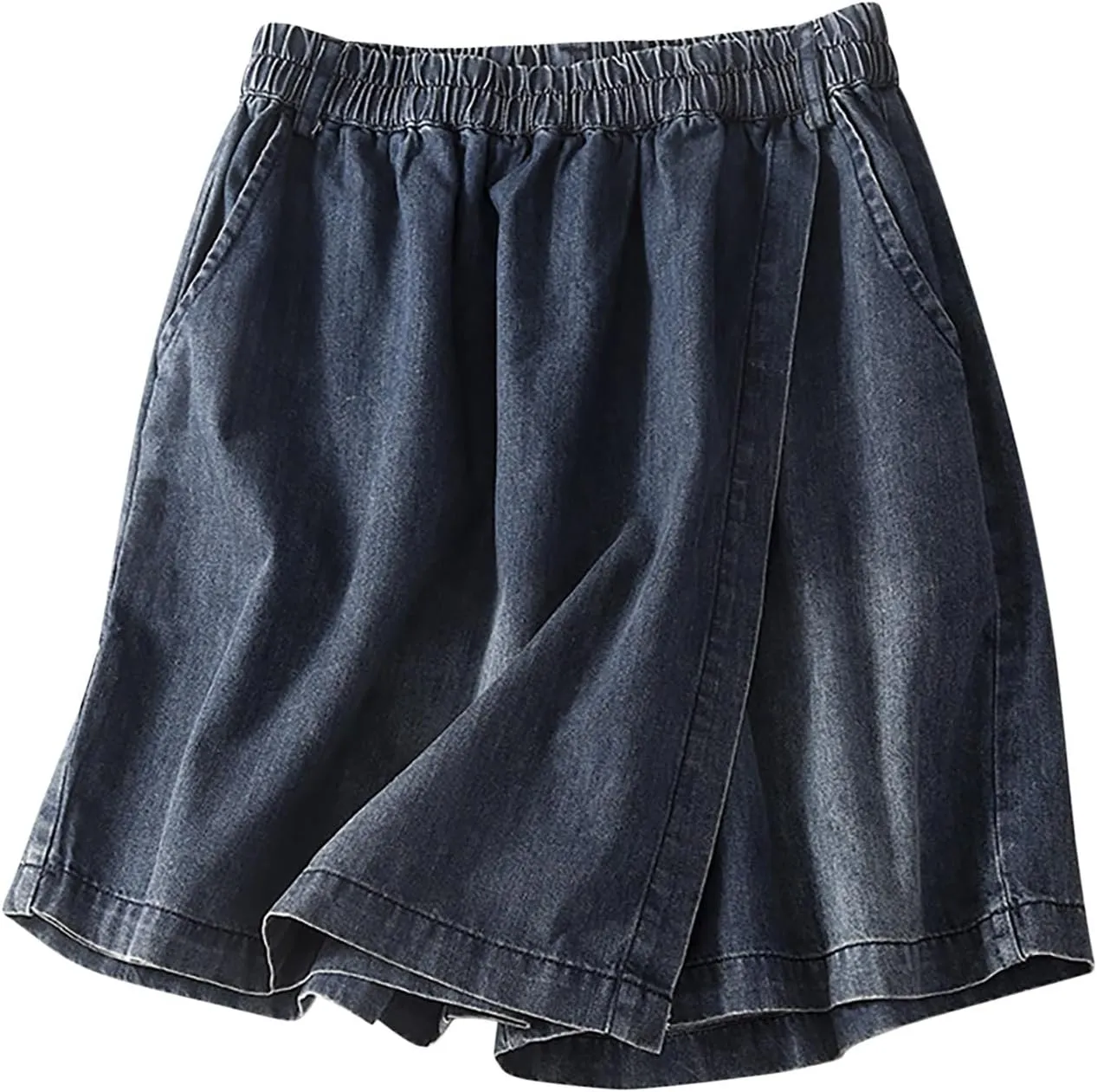 DDAPJ pyju Women's Denim Skort Wrap Hem Jean Mini Skirt Summer Casual Elastic High Waisted Shorts with Pockets Streetwear