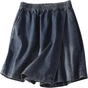 DDAPJ pyju Women's Denim Skort Wrap Hem Jean Mini Skirt Summer Casual Elastic High Waisted Shorts with Pockets Streetwear