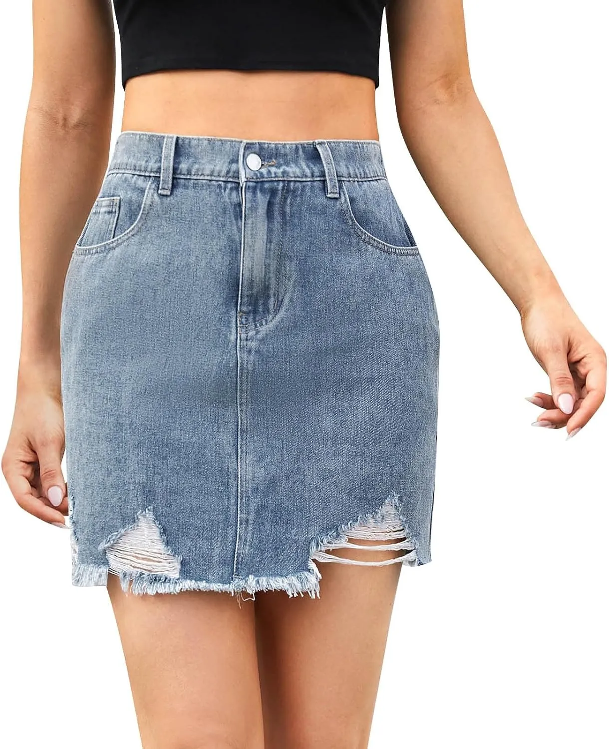 Denim Skirts for Women High Waisted Side Slit Jean Skorts Solid Color Button Fly Y2K Mini Skirt