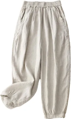 Dndrdhfb Women's Solid Color Wide Leg Pants Casual Cotton Linen High Waist Harem Pants