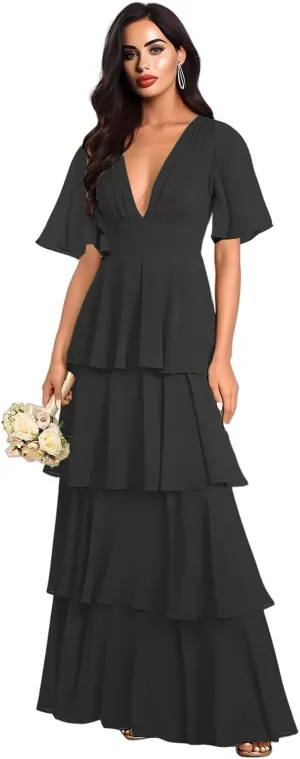 Double V Neck Short Sleeve Bridesmaid Dresses Long Ruffled Chiffon Tiered A Line Formal Evening Dress EL92