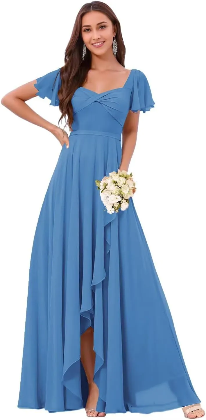 DREAMIND Long Chiffon Bridesmaid Dresses for Women Flutter Sleeve Formal Evening Dress with Slit CY0075