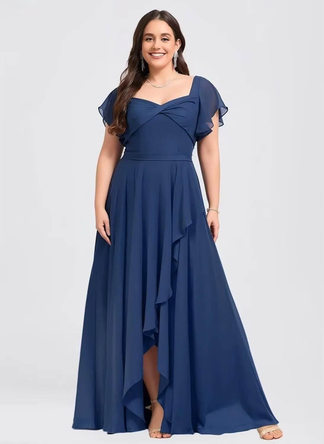 DREAMIND Long Chiffon Bridesmaid Dresses for Women Flutter Sleeve Formal Evening Dress with Slit CY0075