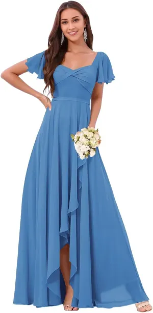 DREAMIND Long Chiffon Bridesmaid Dresses for Women Flutter Sleeve Formal Evening Dress with Slit CY0075