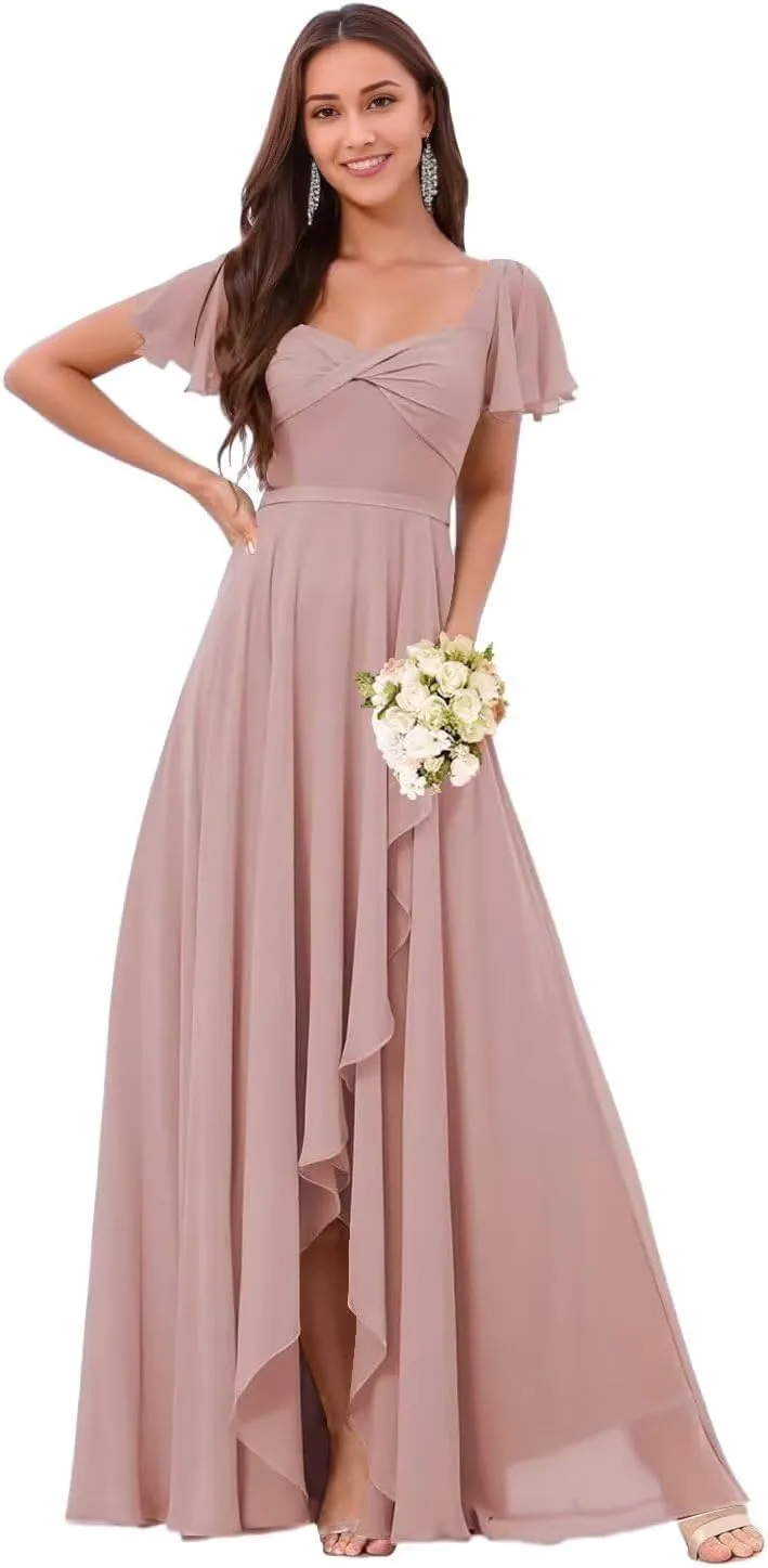 DREAMIND Long Chiffon Bridesmaid Dresses for Women Flutter Sleeve Formal Evening Dress with Slit CY0075