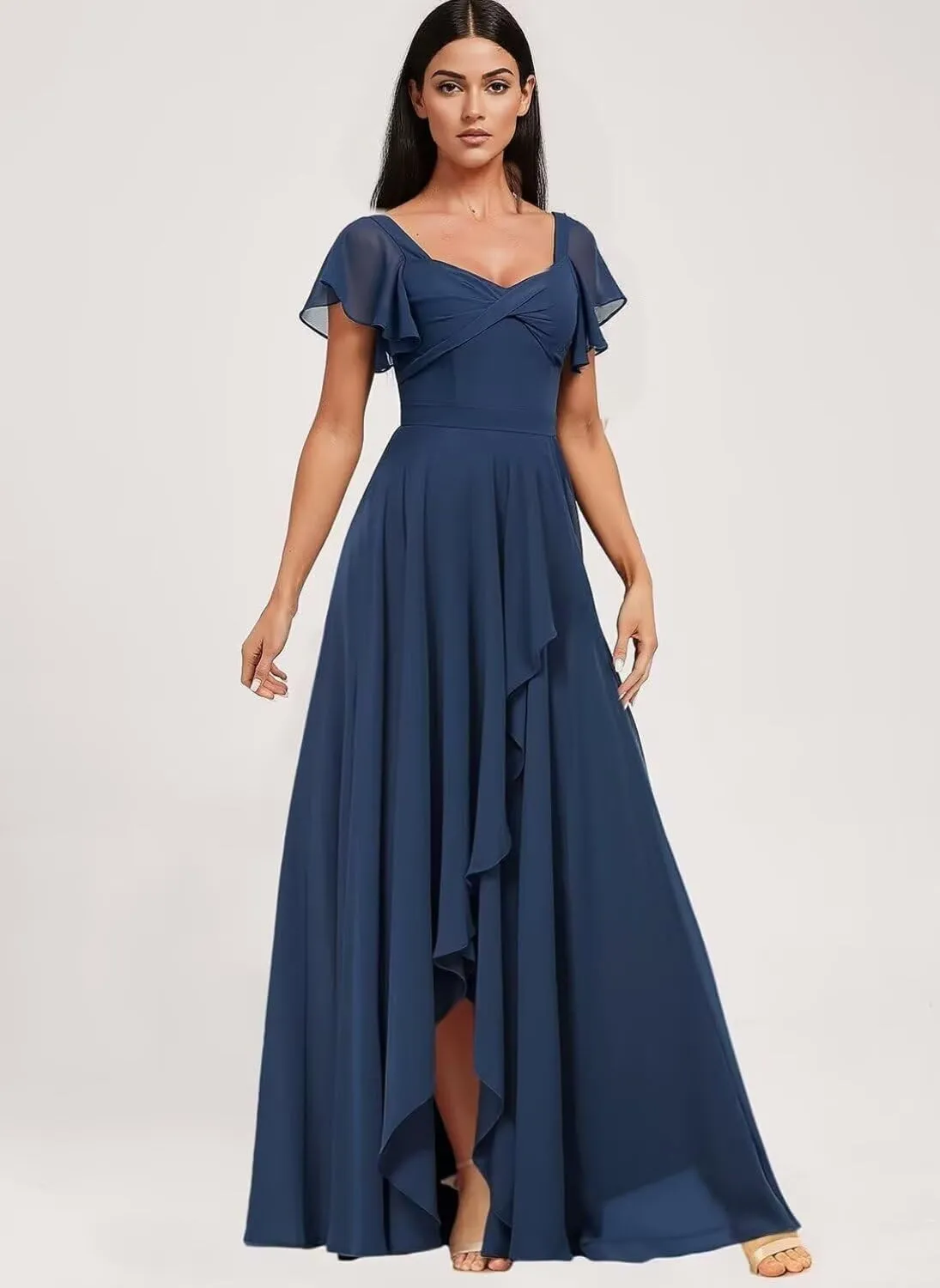 DREAMIND Long Chiffon Bridesmaid Dresses for Women Flutter Sleeve Formal Evening Dress with Slit CY0075