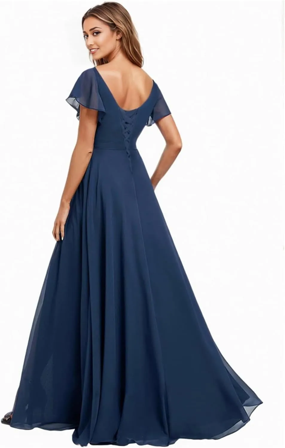 DREAMIND Long Chiffon Bridesmaid Dresses for Women Flutter Sleeve Formal Evening Dress with Slit CY0075