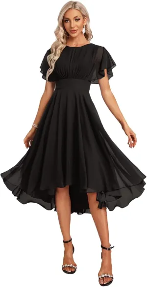 DREAMIND Women's Bridesmaid Dresses for Wedding with Ruffle Sleeves High Low Chiffon Formal Party Gown