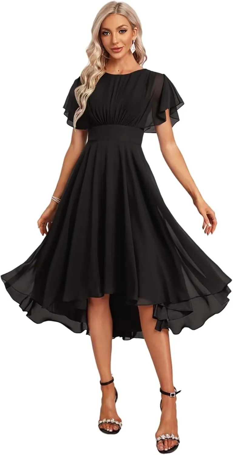DREAMIND Women's Bridesmaid Dresses for Wedding with Ruffle Sleeves High Low Chiffon Formal Party Gown