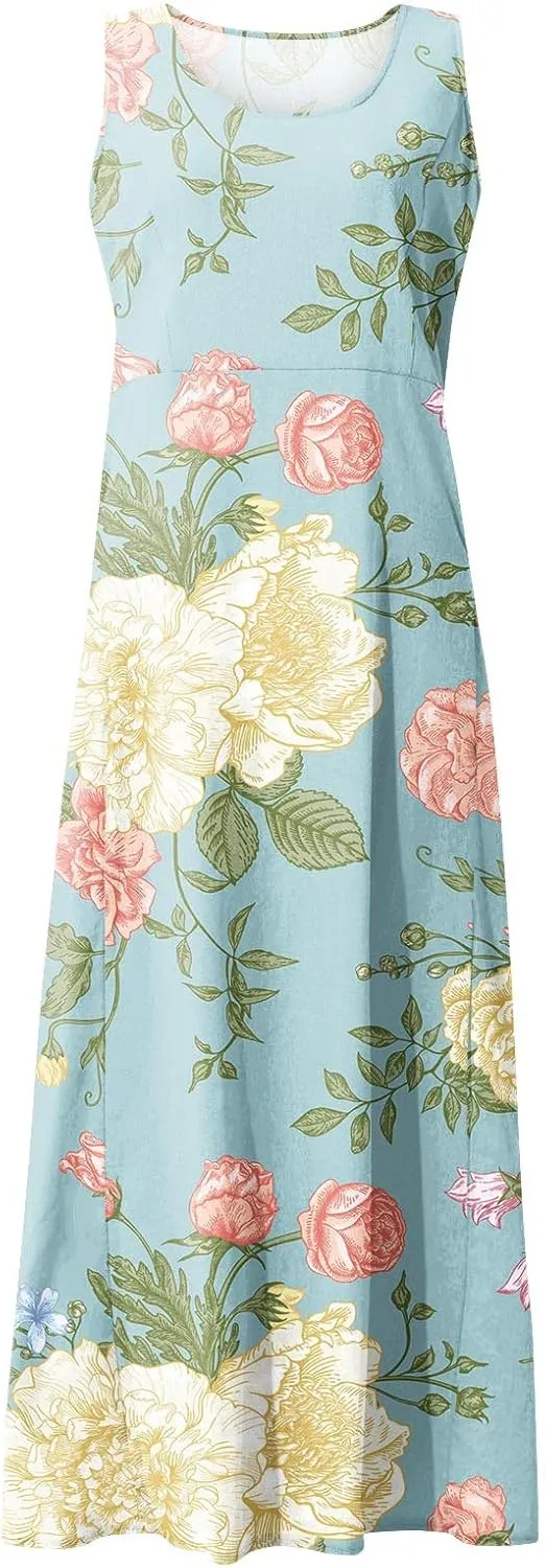 Dresses for Women 2025 Beach Floral Printed Cotton Linen Dresses with Pockets Sleeveless Casual Flowy Maxi Dress
