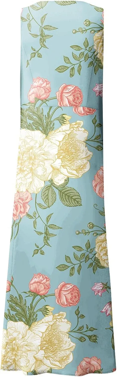 Dresses for Women 2025 Beach Floral Printed Cotton Linen Dresses with Pockets Sleeveless Casual Flowy Maxi Dress