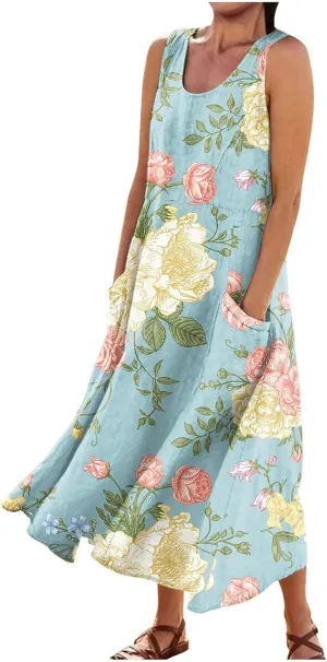 Dresses for Women 2025 Beach Floral Printed Cotton Linen Dresses with Pockets Sleeveless Casual Flowy Maxi Dress