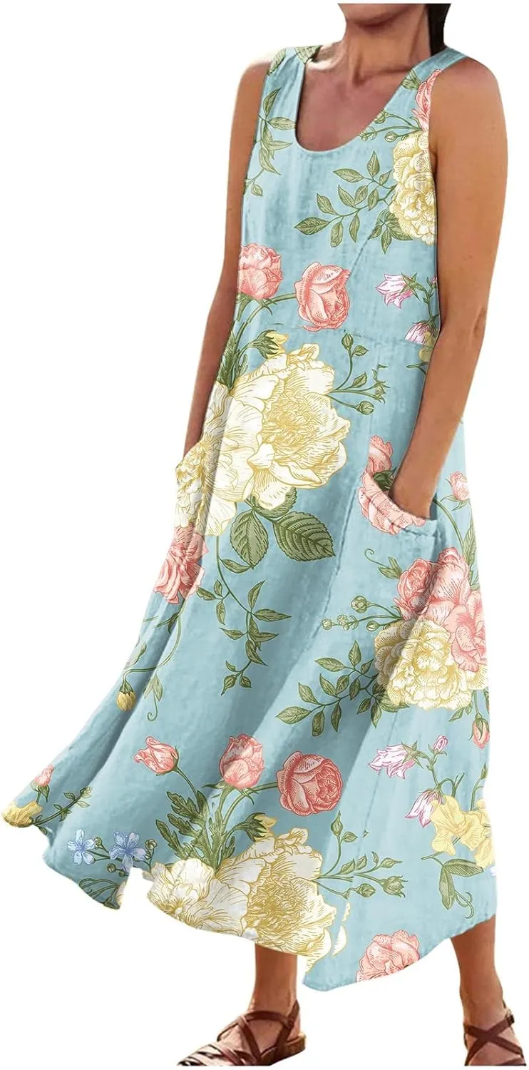 Dresses for Women 2025 Beach Floral Printed Cotton Linen Dresses with Pockets Sleeveless Casual Flowy Maxi Dress