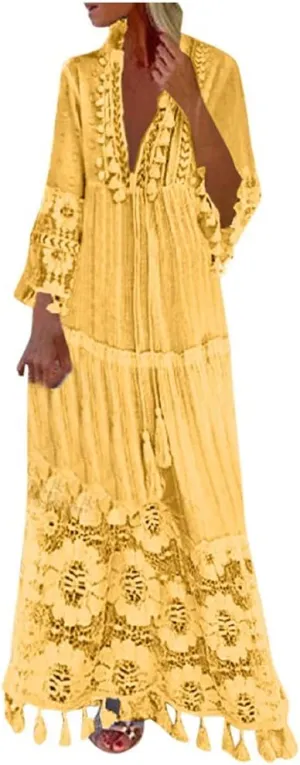 Dresses for Women Maxi Long Sleeve V Neck Lace Bohemian Maxi Dress Vintage Fashion Boho Floral Print Long Dress Party