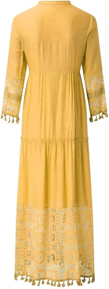 Dresses for Women Maxi Long Sleeve V Neck Lace Bohemian Maxi Dress Vintage Fashion Boho Floral Print Long Dress Party