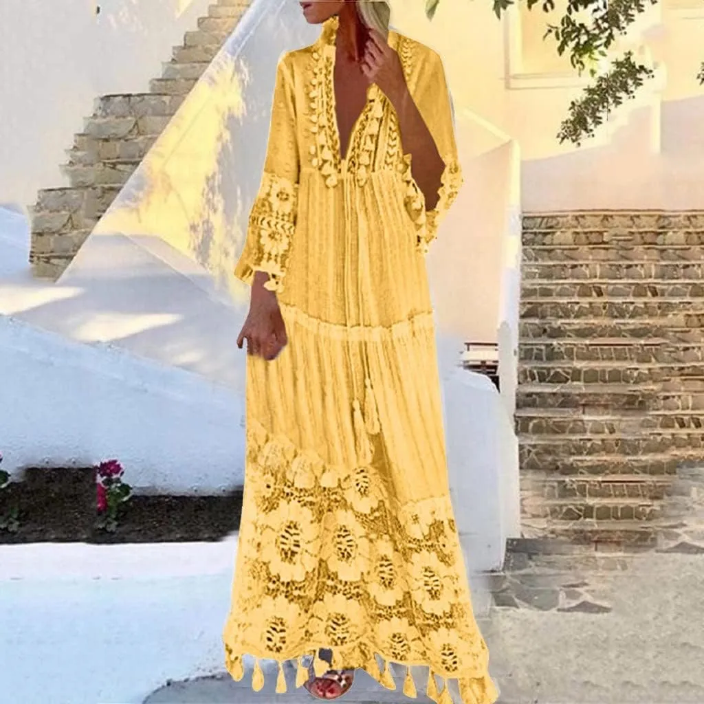 Dresses for Women Maxi Long Sleeve V Neck Lace Bohemian Maxi Dress Vintage Fashion Boho Floral Print Long Dress Party