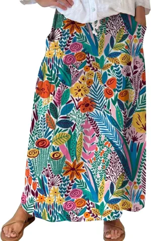 Elastic High Waist Floral Print Boho Maxi Skirt Women Tiered Pleated Flowy Long Summer Beach Skirt