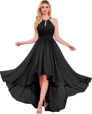 Elegant Halter Neck Bridesmaid Dresses for Wedding Pleated Top Chiffon A Line High Low Prom Dress Formal Gowns