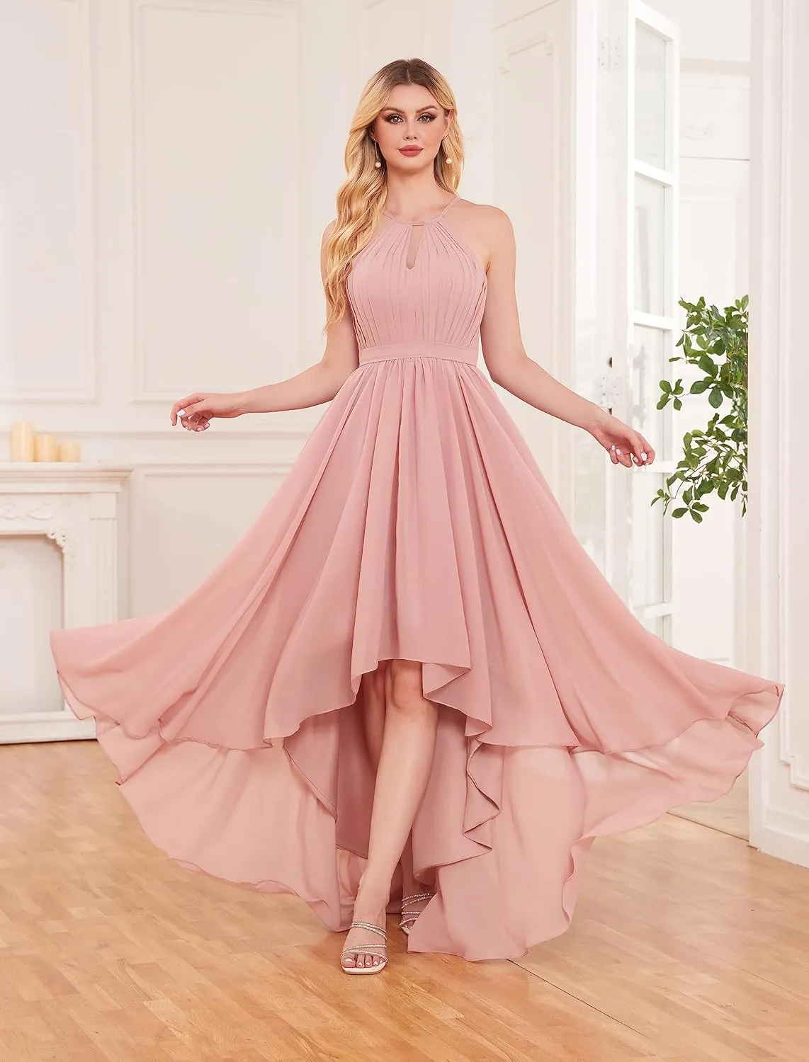 Elegant Halter Neck Bridesmaid Dresses for Wedding Pleated Top Chiffon A Line High Low Prom Dress Formal Gowns