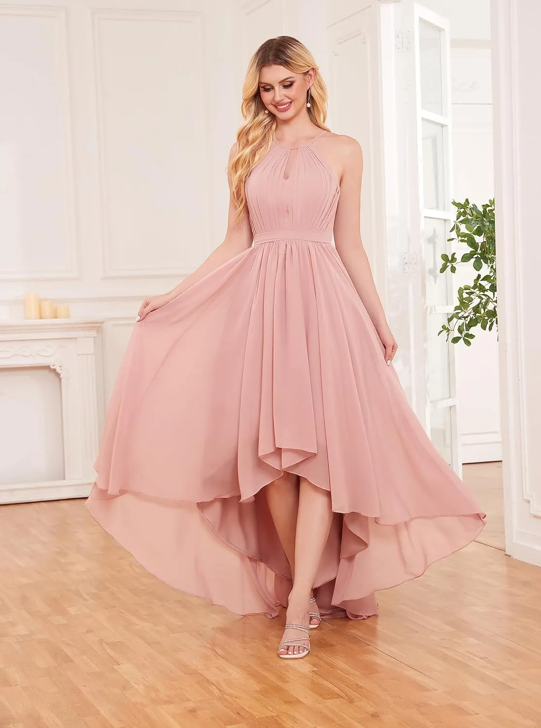 Elegant Halter Neck Bridesmaid Dresses for Wedding Pleated Top Chiffon A Line High Low Prom Dress Formal Gowns