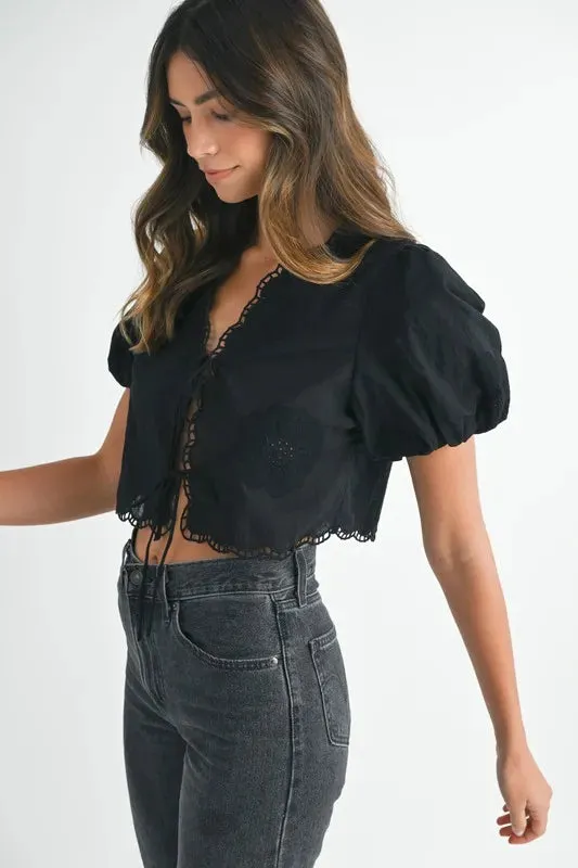 Embroidered Short Bubble Sleeve Crop Top