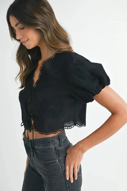 Embroidered Short Bubble Sleeve Crop Top