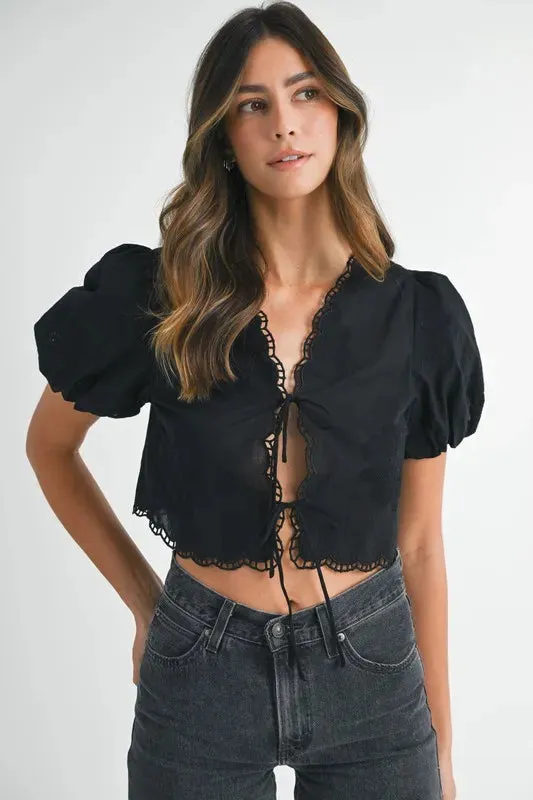 Embroidered Short Bubble Sleeve Crop Top