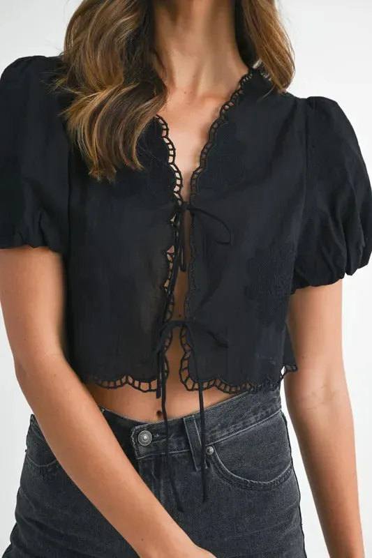 Embroidered Short Bubble Sleeve Crop Top