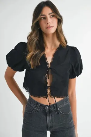 Embroidered Short Bubble Sleeve Crop Top