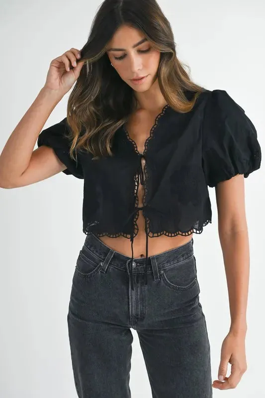 Embroidered Short Bubble Sleeve Crop Top