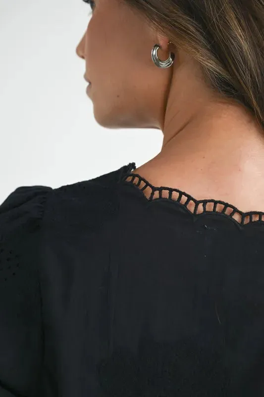 Embroidered Short Bubble Sleeve Crop Top