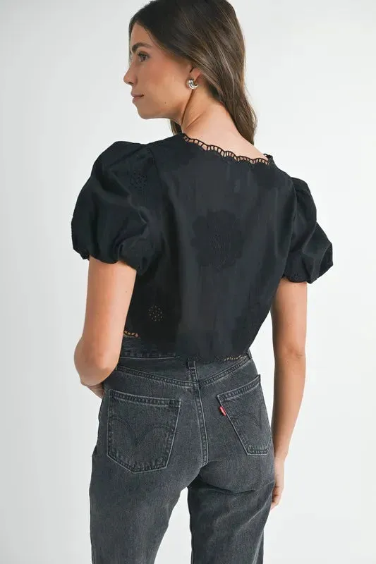 Embroidered Short Bubble Sleeve Crop Top