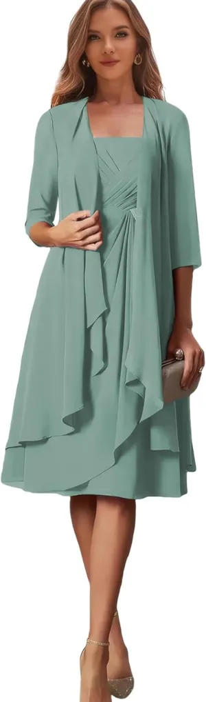 Eucalyptus Mother of The Bride Gowns for Wedding Plus Size Formal Dress 3/4 Chiffon Evening Dresses with Jacket US 24