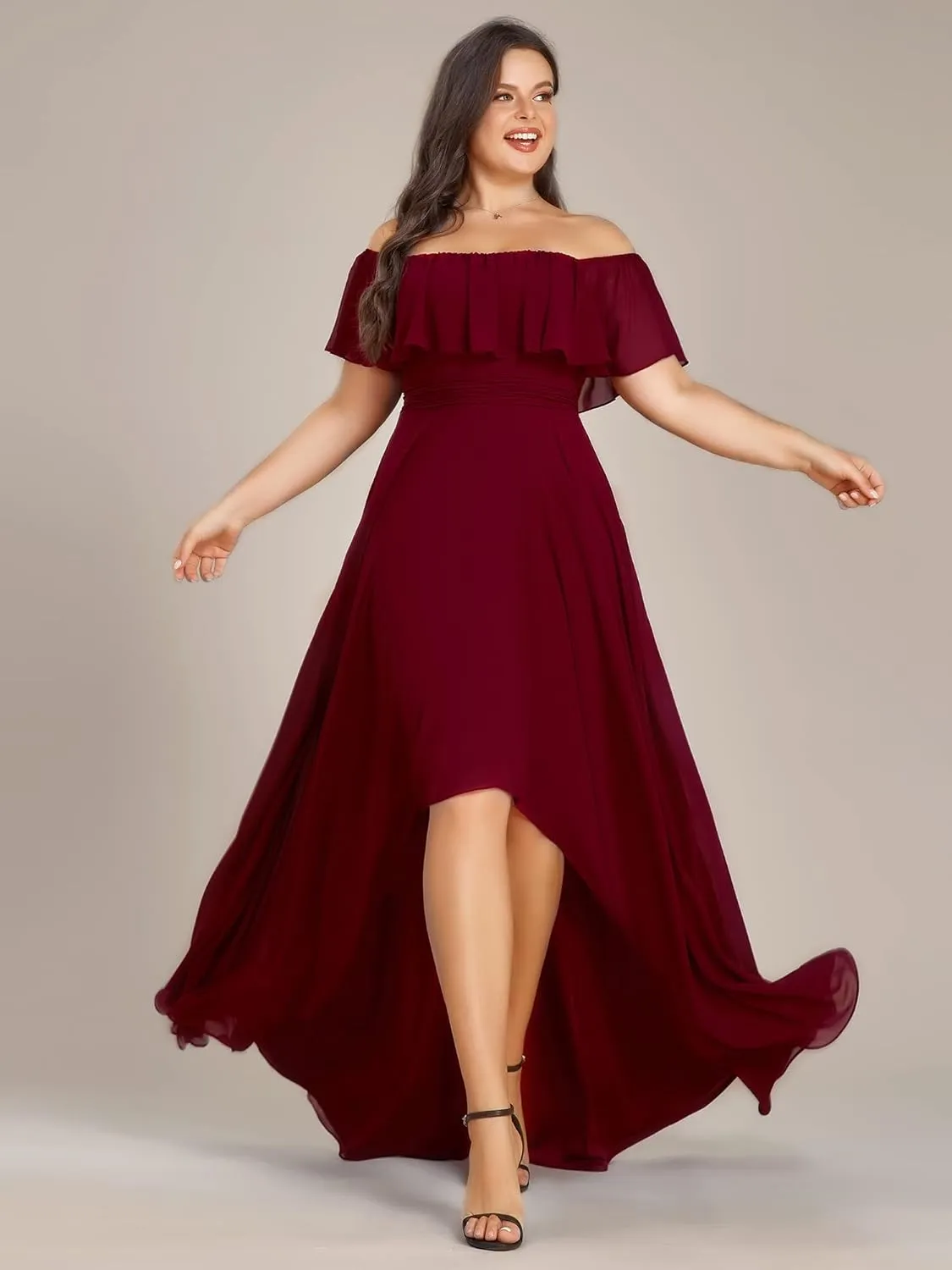 Ever-Pretty Plus Women's Off Shoulder Ruffle Sleeve High Low A Line Curve Long Bridesmaid Dresses 01736-DA