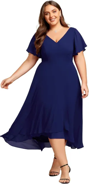 Ever-Pretty Women's Plus Size V Neck Asymmetric Hem Chiffon Wedding Guest Dress 01756-DA