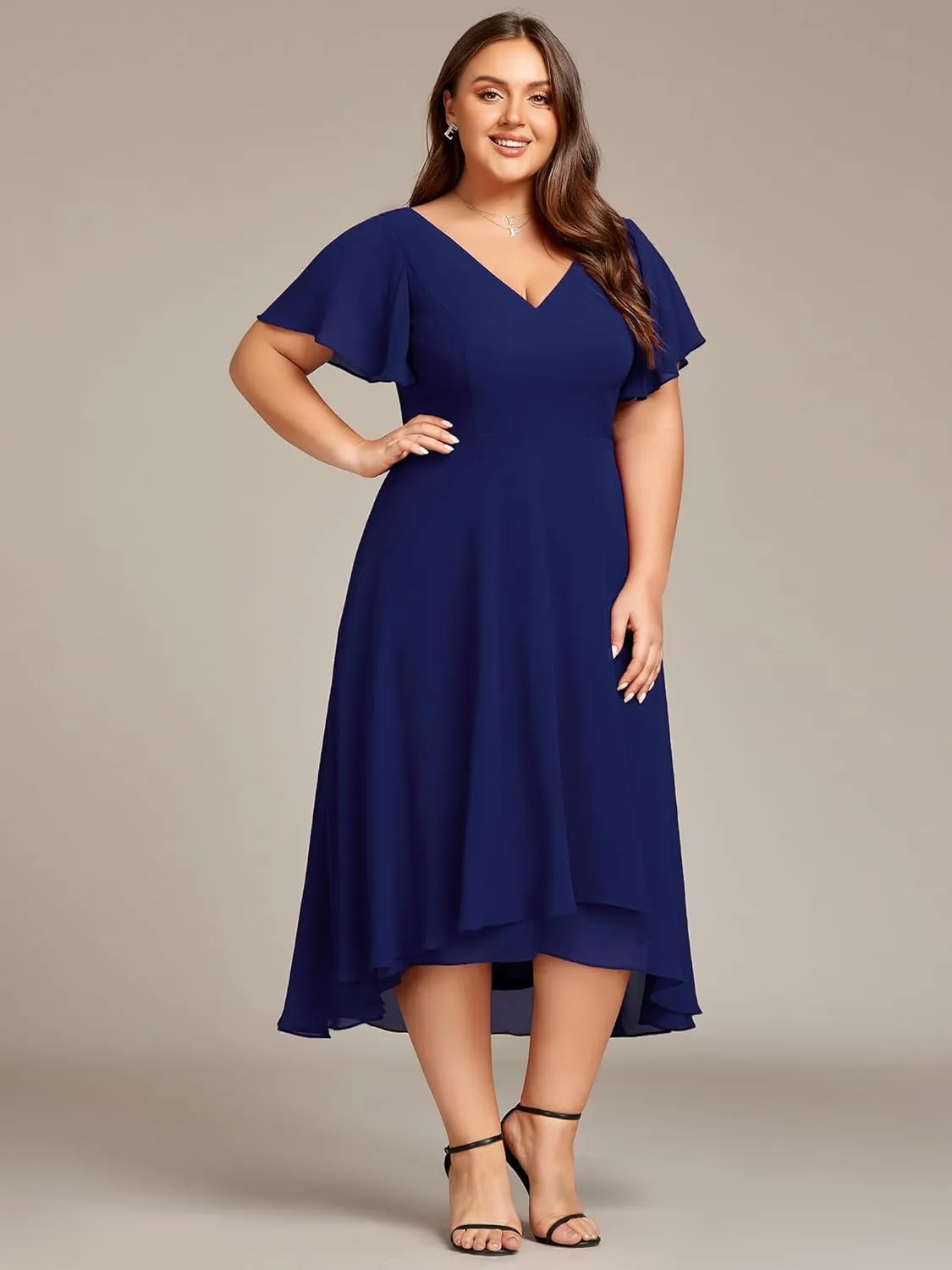 Ever-Pretty Women's Plus Size V Neck Asymmetric Hem Chiffon Wedding Guest Dress 01756-DA