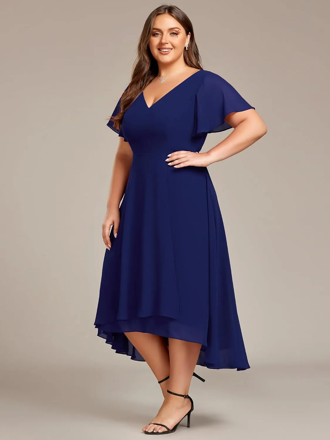 Ever-Pretty Women's Plus Size V Neck Asymmetric Hem Chiffon Wedding Guest Dress 01756-DA
