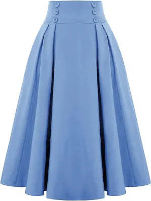 Fall Skirts for Women 2024 Pleated Wool Skirts Casual Button Elastic Waist A-Line Tartan Midi Skirts