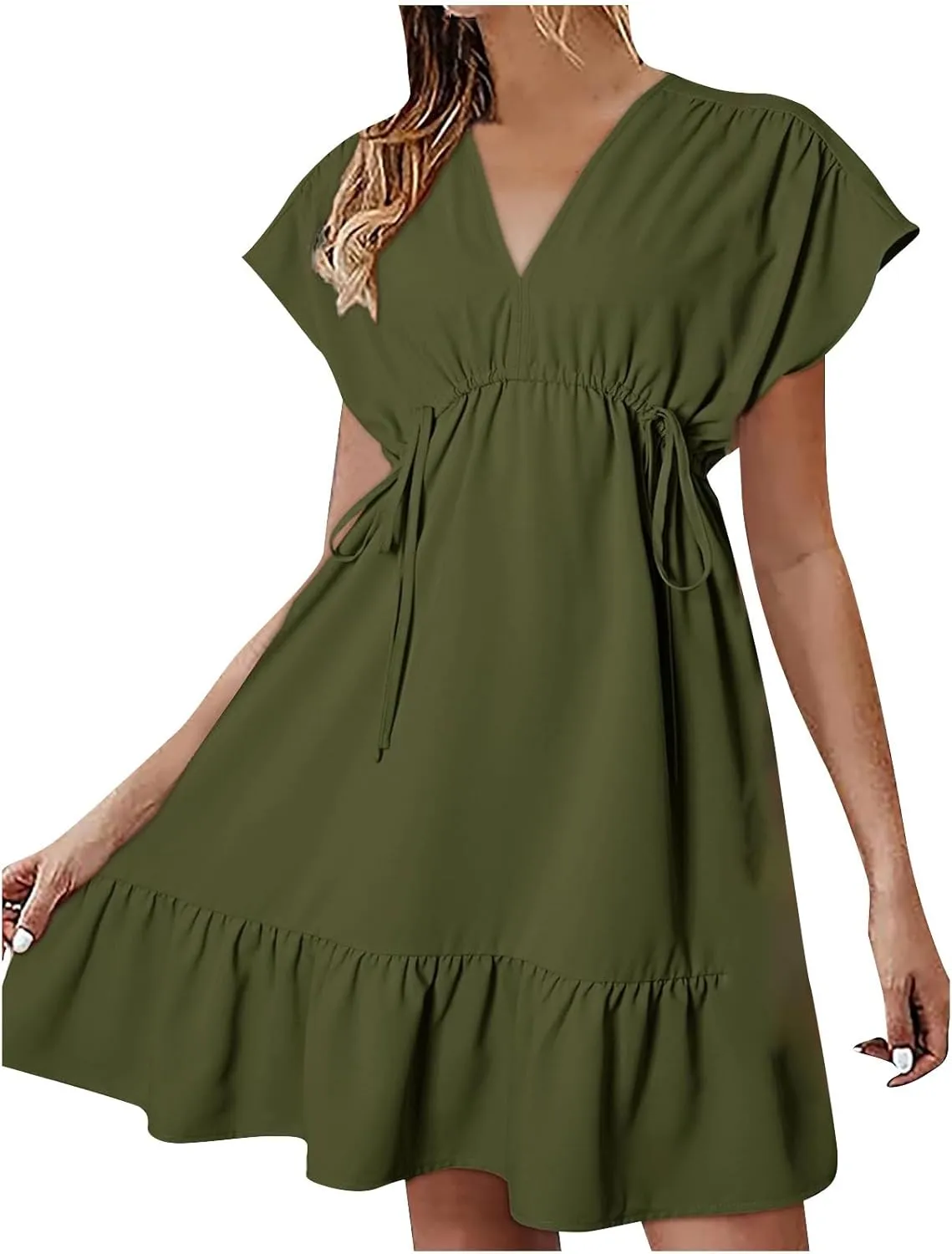 Firzero Women's Summer Dresses Drawstring V Neck Short Sleeve Ruffle Hem a Line Short Dress Casual Vacation Mini Beach Dress