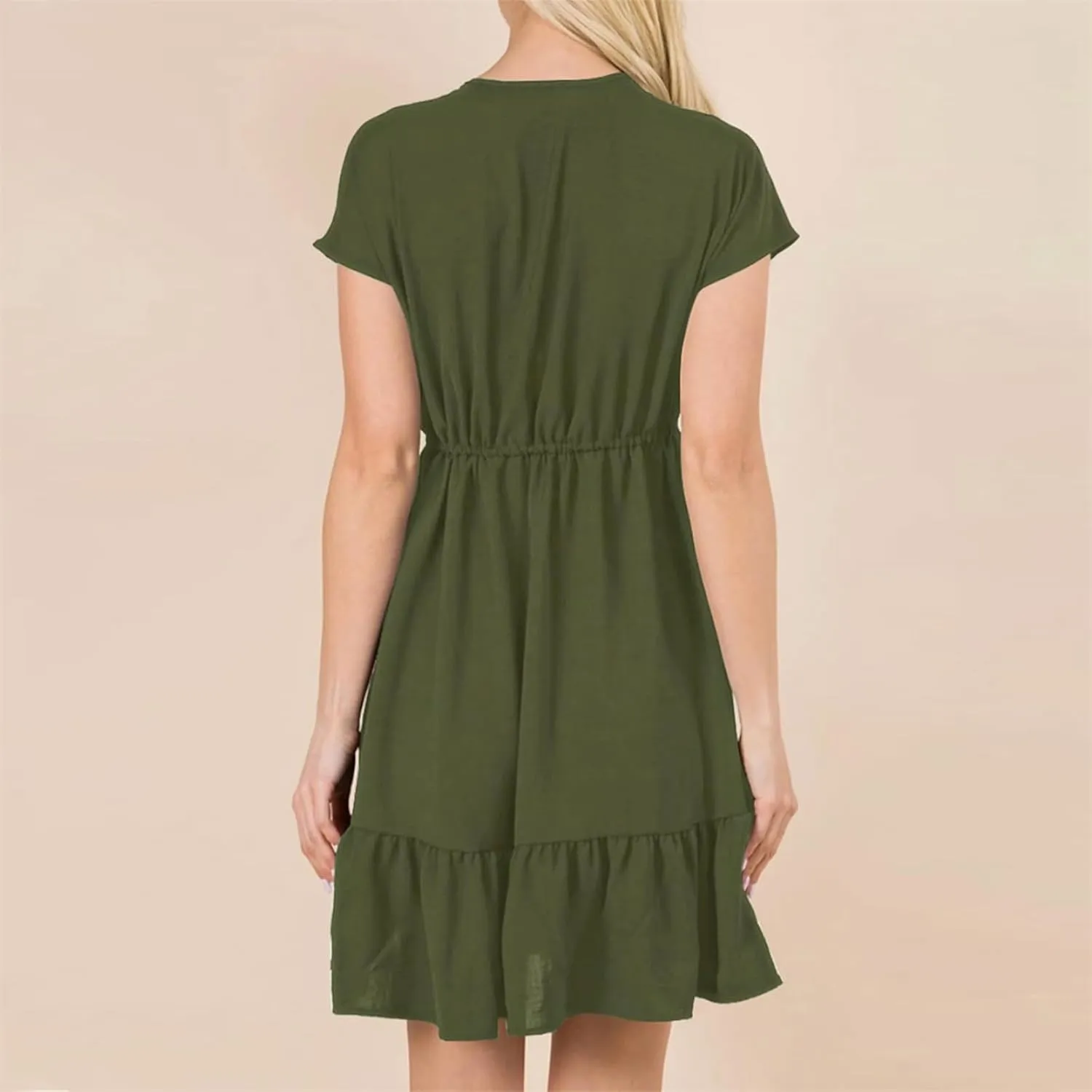 Firzero Women's Summer Dresses Drawstring V Neck Short Sleeve Ruffle Hem a Line Short Dress Casual Vacation Mini Beach Dress
