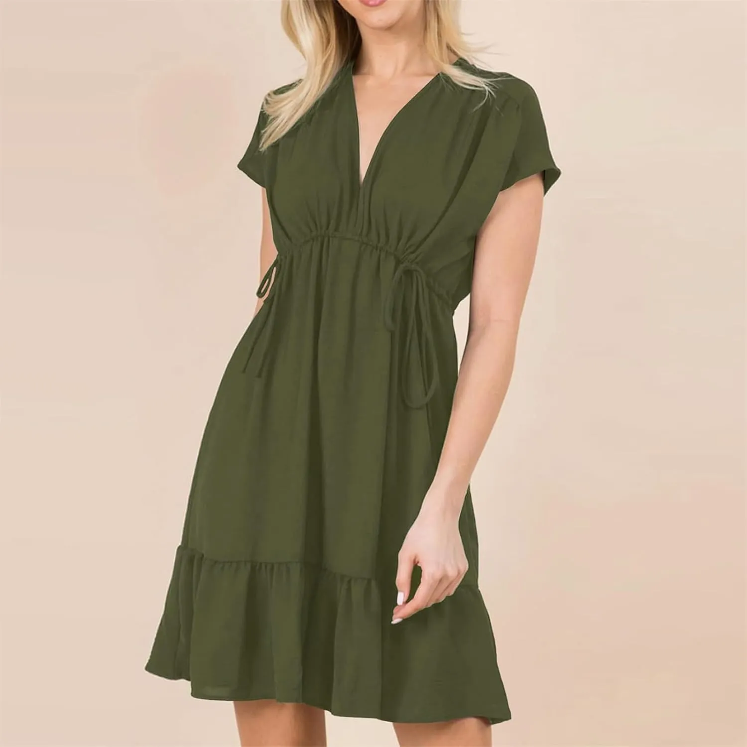 Firzero Women's Summer Dresses Drawstring V Neck Short Sleeve Ruffle Hem a Line Short Dress Casual Vacation Mini Beach Dress